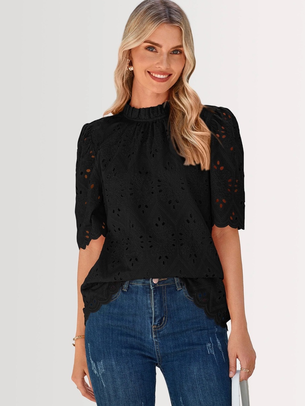 Black Eyelet Puff Sleeve Blouse with Ruffled Neckline - Women